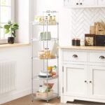 SONGMICS Metal Storage Shelf, Wire Basket Shelving Unit, Kitchen Storage Rack, 4 Hooks, PP Sheets, Adjustable Shelves, Total Load Capacity 100 kg, for Bathroom, Pantry, Small Spaces, Silver LGR105E01 - Image 2