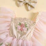 Dubute Baby Girls Rompers Dress Lace Trim Butterfly Pattern Embroidered Fly Sleeve Tulle Skirt Hem Bodysuits Clothes with Headband - Image 5