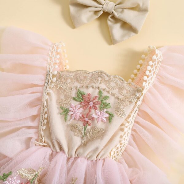 Dubute Baby Girls Rompers Dress Lace Trim Butterfly Pattern Embroidered Fly Sleeve Tulle Skirt Hem Bodysuits Clothes with Headband - Image 5