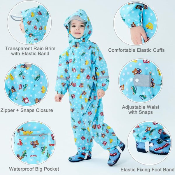 Fewlby Puddle Suit Kids All in One Waterproof Suit Boys Girls Rain Suit Toddler Muddy Suit Cartoon Raincoat Rain Wear for 1-10 Years - Image 2