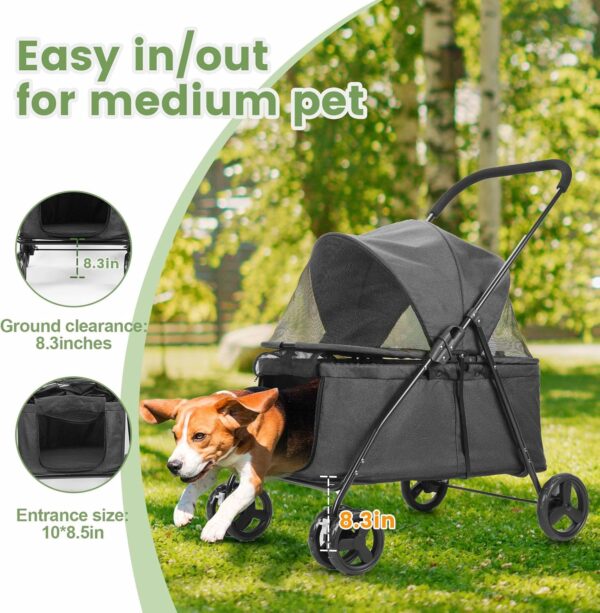 AESRAOU Dog Travel Stroller with 4 Heavy Duty Wheels, Foldable Pet Stroller with Adjustable Handle - Double Doggie Capacity Jogger Wagon with Back Front Door for Small Medium Dogs (Black) - Image 4