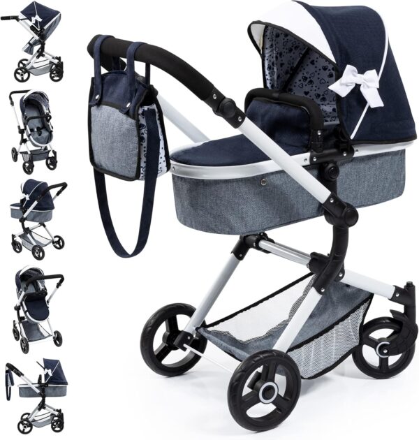 Bayer Design 18481AB Combi Doll&#039;s pram Neo Vario with Bag and Shopping Basket, Convertible into a Stroller, Height Adjustable, Blue, White - Image 3
