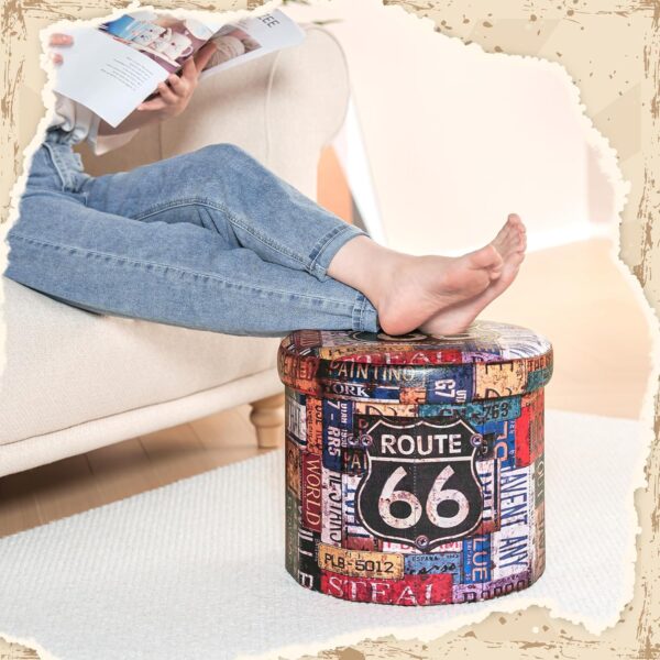 Bonlife Round Ottoman Storage,Folding Storage Organiser Toy Chest,Retro Faux Leather Footrest Stool Seat for Living Room 15"(Multicoloured) 38x38x38cm - Image 2