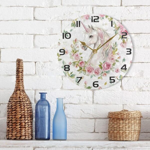 Ewusp Unicorns Flowers Wall Clock Battery Operated Silent Non-Ticking Clock Round Quartz Decorative Clock for Kitchen Living Room Bedroom Office School Nursery, 25x25 cm - Image 7