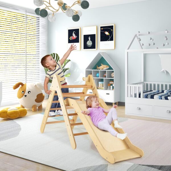 GYMAX 2 in 1 Kids Climbing Set, Wooden Toddler Climber with Slide, Outdoor Indoor Montessori Climbing Toys for 3 Years Old + Boys Girls (Natural) - Image 7