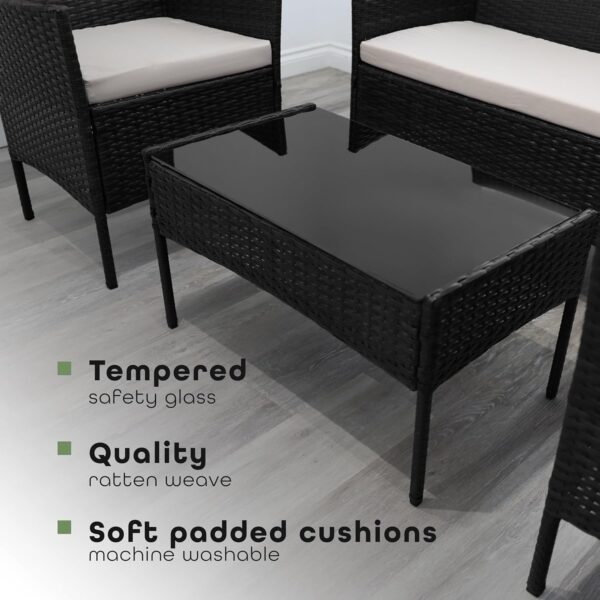DIVCHI Garden Furniture Set Rattan Patio Conservatory Balcony Indoor Outdoor 4 Seater Piece Glass Top Coffee Table Sofa Loveseat with Cushions (Black) - Image 4