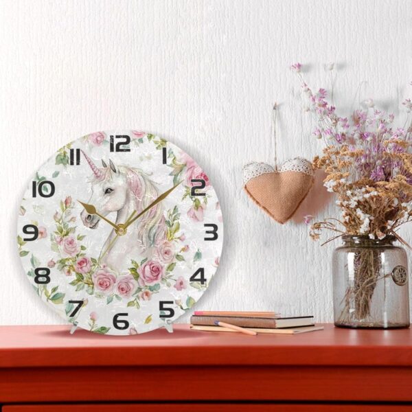 Ewusp Unicorns Flowers Wall Clock Battery Operated Silent Non-Ticking Clock Round Quartz Decorative Clock for Kitchen Living Room Bedroom Office School Nursery, 25x25 cm - Image 6