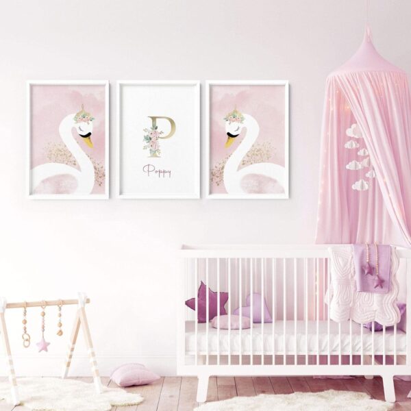 Swans Set of 3 Large Wall Art with Frames, Nursery Framed Wall Pictures, Playroom Wall hangings, Baby Girl Children Bedroom, A4, A3, A2, 20x30 in Black Frame A2 16.54 x 23.39 in / 42 x 59.4 cm - Image 2