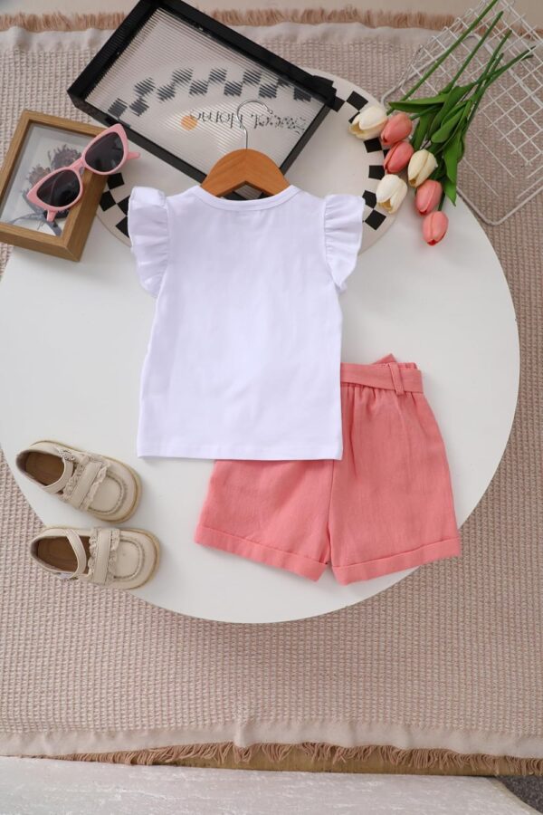 GiHaood Baby Girl Clothes Toddler Summer Outfit Ruffle Sleeve Printed Tops Linen Shorts With Belt And Pocket 2PCS Sets - Image 2