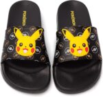 Pokemon Sliders For Boys | Kids Pikachu Face Sandals Beach Shower Shoes | Childrens Pokeball Black Summer Footwear Game Merchandise Gift