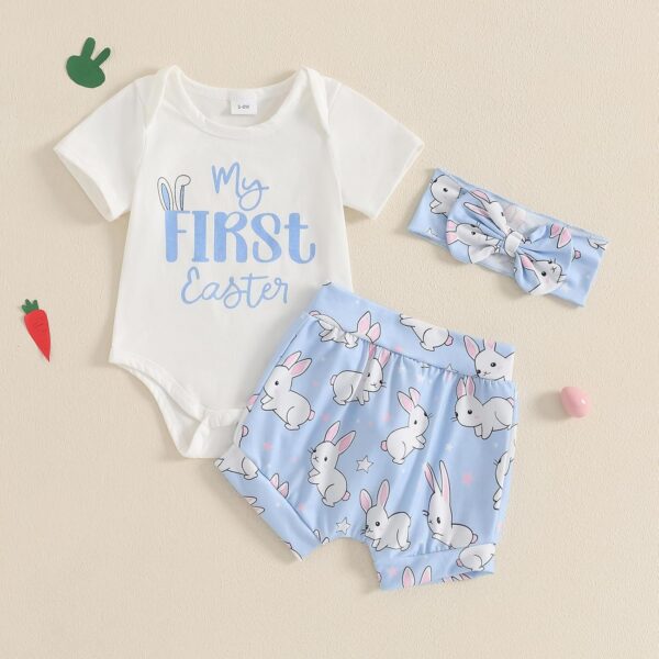 M9ppzzur7 My First Easter Outfit Baby Girls Letter Print Romper and Rabbit Tail Shorts + Headband Set Clothes - Image 3