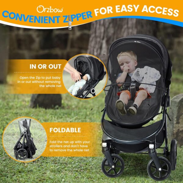 Orzbow Universal Baby Mosquito Net & Buggy Sun Shade with UPF50+,Breathable Pram Net Cover with Two-way Zipper & Adjustable Stroller Sun Cover with Bag for Pushchair,Car Seat & Carrycot (Black) - Image 4