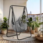 YITAHOME Hammock with Stand, Max. load 150 kg, Sturdy Steel Frame, Hammock Stand with Hanging Swing, 85x92x155 cm, Swing Chair with 2 Hooks and 1 Side Pocket for Patio, Balcony and Garden, Grey - Image 8