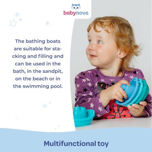 babynova Bath boats - Educational Baby & Toddler Toys - 3+ Months - 3 pcs Set - Motor skills development - Suitable for bathtub and sandbox - BPA Free - Blue, Turquoise, Green - Image 4