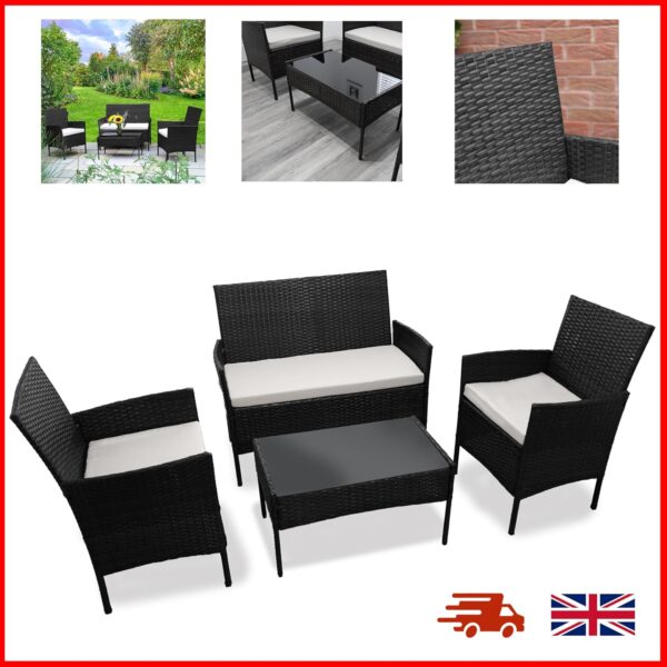 DIVCHI Garden Furniture Set Rattan Patio Conservatory Balcony Indoor Outdoor 4 Seater Piece Glass Top Coffee Table Sofa Loveseat with Cushions (Black) - Image 7