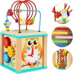 TOWO Wooden Activity Cube Beads Maze -5 Activities Roller Coaster Abacus Cog Wheels Gears Clock Zig Zag Slide-Early Educational toys for Baby -Educational Wooden Toys for 1 year old Montessori Toys