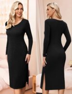 Ekouaer Maternity Dress Rib Knit Long Sleeve Side Slit Bodycon Dresses Pregnancy Baby Clothes, S-XXL - Image 2