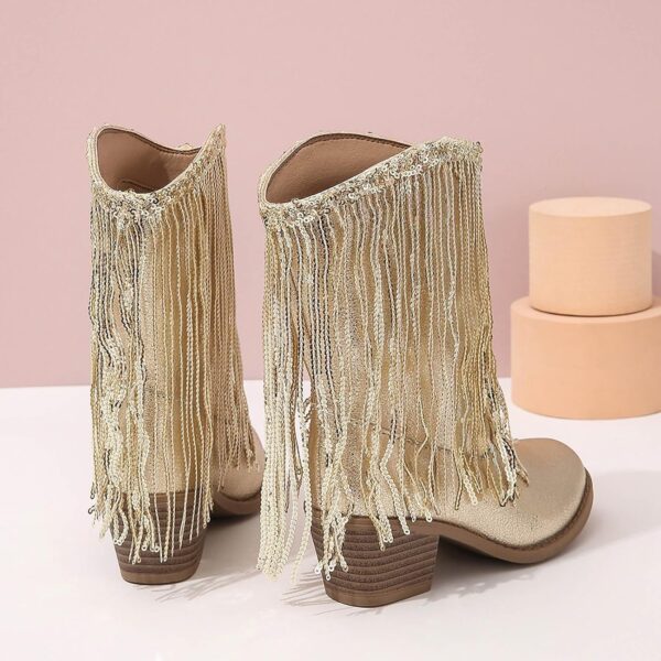 Kids Winter Boots Girls Ankle Boots Gold Sequins Tassel Leather Cowboy Boots Thick Heels Boots for Girls Mid Calf Riding Shoes - Image 3