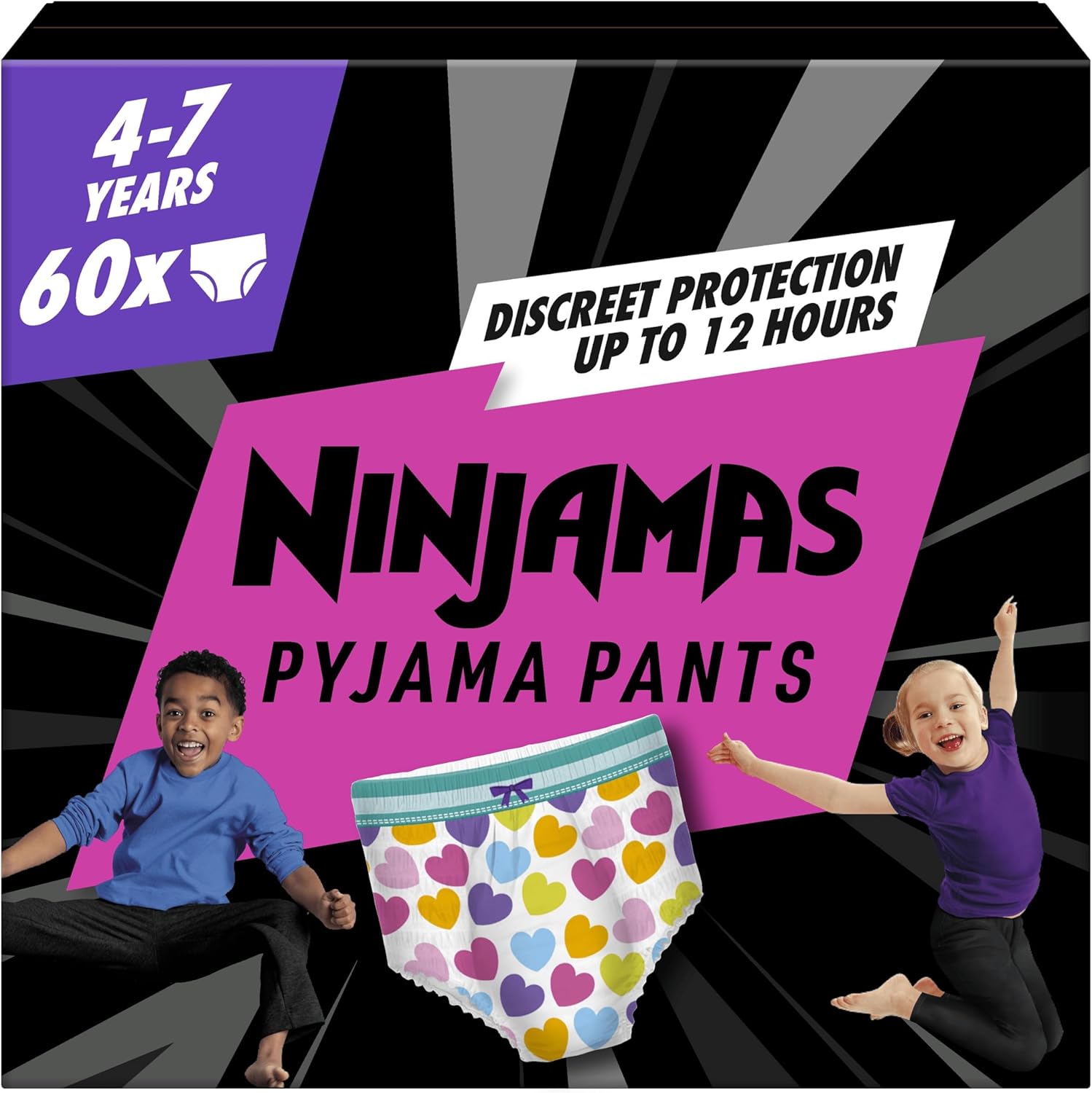 81kHwl3E5zL._AC_SL1500_.jpg Pampers Ninjamas Pyjama Pants Unisex Hearts, 4-7 Years, 60 Pyjama Pants, 17kg - 30kg, All-Night Leak Protection - Image 1