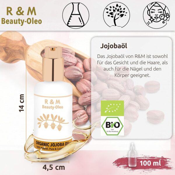 R&M Jojoba Oil - 100% Organic Cold Pressed Jojoba Oil for Face, Body, Hair And More - Beautiful Skin, A Pure Face & Shiny, Strong Hair - Fair Trade 100ml Pump Bottle - Image 4