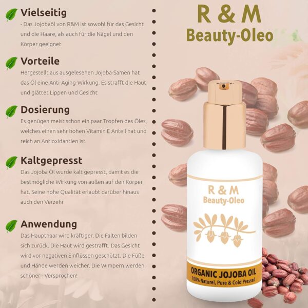 R&M Jojoba Oil - 100% Organic Cold Pressed Jojoba Oil for Face, Body, Hair And More - Beautiful Skin, A Pure Face & Shiny, Strong Hair - Fair Trade 100ml Pump Bottle - Image 7