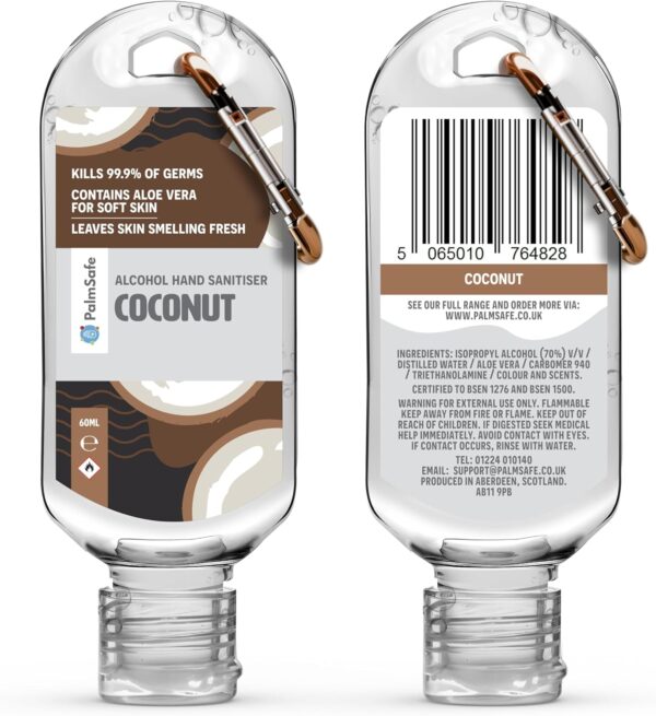 Palm Safe Coconut 60ml Anti Bacterial Premium Hand Sanitiser Travel Size Refillable Clip Bottle Quick Drying Non Sticky Extra Moisturising Kills 99.9% of Viruses and Bacteria - Image 8