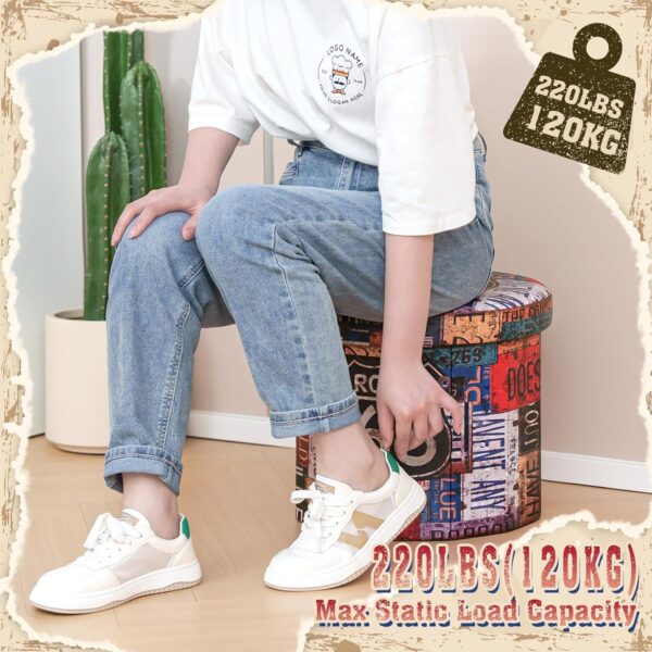 Bonlife Round Ottoman Storage,Folding Storage Organiser Toy Chest,Retro Faux Leather Footrest Stool Seat for Living Room 15"(Multicoloured) 38x38x38cm - Image 5