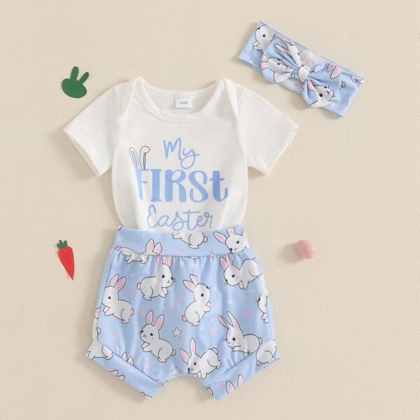 M9ppzzur7 My First Easter Outfit Baby Girls Letter Print Romper and Rabbit Tail Shorts + Headband Set Clothes - Image 2