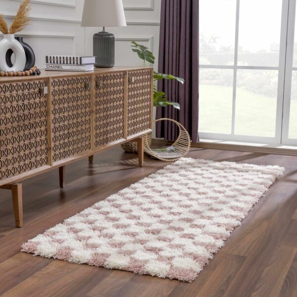 Hauteloom Etiler Checkered Shag Area Rug - Checkboard Design - High Pile Fluffy Shaggy Touch - Square Tiles - Kids Room, Nursery, Living Room Shaggy Carpet - Pink, Cream, White - 5'3" x 7'3" - Image 9