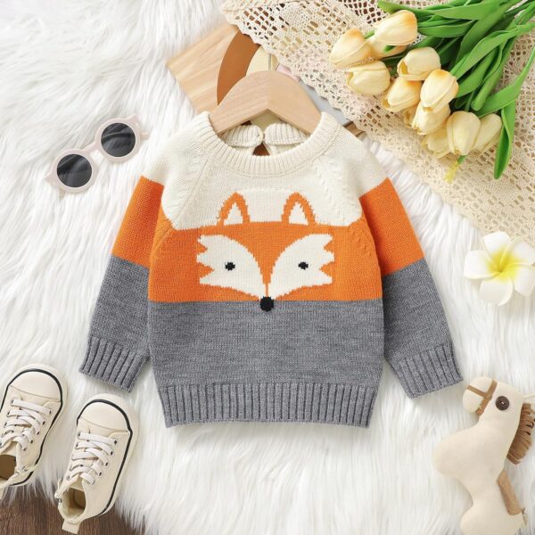 Baby Toddler Knitted Pullover Kids Girls Boys Cartoon Fox Print Graphic Color Block Patchwork Long Sleeve Cable Chunky Crew Neck Warm Cotton Acrylic Button Oversized Knit Jumper Casual Sweater - Image 2