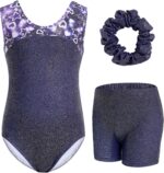 JiAmy Girls Gymnastics Leotards, Gymnastics Outfit Athletic Clothing with Shorts Open Back Bow Ballet Leotards for Kids 3-12 Years