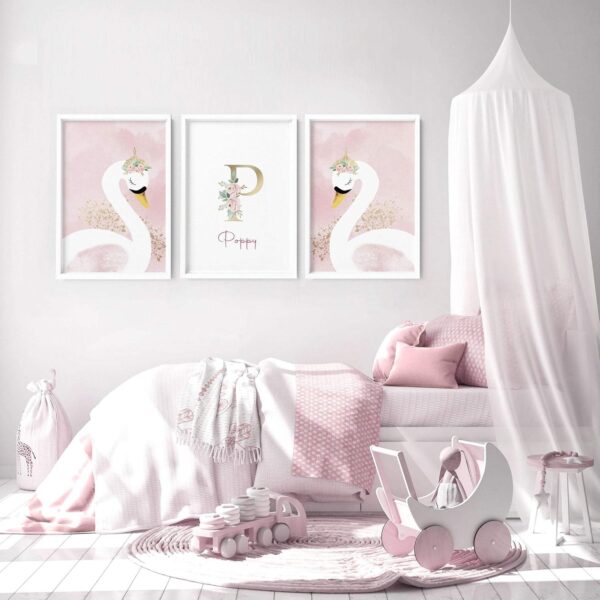 Swans Set of 3 Large Wall Art with Frames, Nursery Framed Wall Pictures, Playroom Wall hangings, Baby Girl Children Bedroom, A4, A3, A2, 20x30 in Black Frame A2 16.54 x 23.39 in / 42 x 59.4 cm - Image 4
