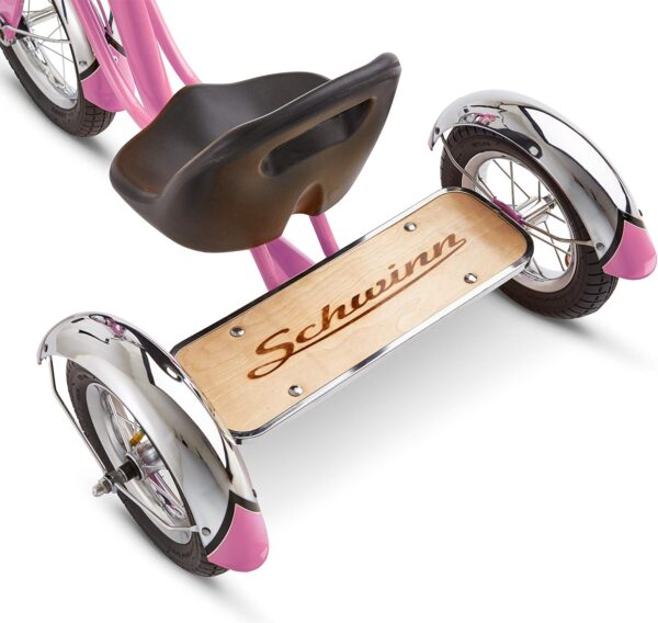 Schwinn Roadster Bike for Toddler, Kids Classic Tricycle, Low Positioned Steel Trike Frame w/ Bell & Handlebar Tassels, Rear Deck Made of Genuine Wood, for Boys and Girls Ages 2-4 Year Old, Light Pink - Image 5