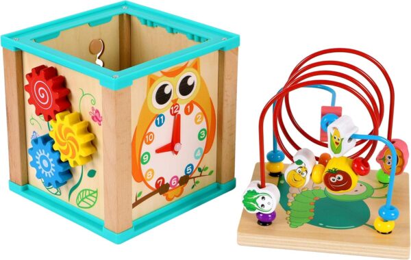 TOWO Wooden Activity Cube Beads Maze -5 Activities Roller Coaster Abacus Cog Wheels Gears Clock Zig Zag Slide-Early Educational toys for Baby -Educational Wooden Toys for 1 year old Montessori Toys - Image 6