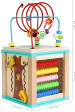 TOWO Wooden Activity Cube Beads Maze -5 Activities Roller Coaster Abacus Cog Wheels Gears Clock Zig Zag Slide-Early Educational toys for Baby -Educational Wooden Toys for 1 year old Montessori Toys - Image 5