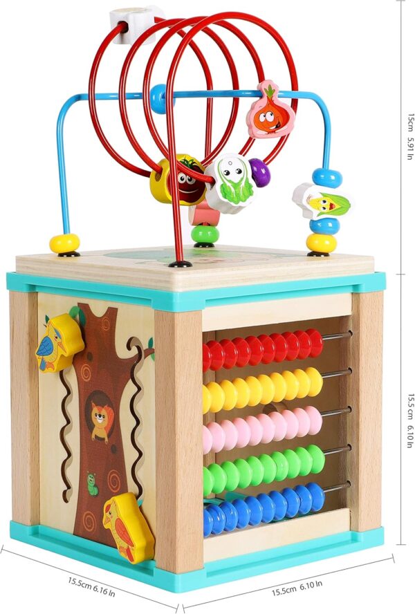 TOWO Wooden Activity Cube Beads Maze -5 Activities Roller Coaster Abacus Cog Wheels Gears Clock Zig Zag Slide-Early Educational toys for Baby -Educational Wooden Toys for 1 year old Montessori Toys - Image 5