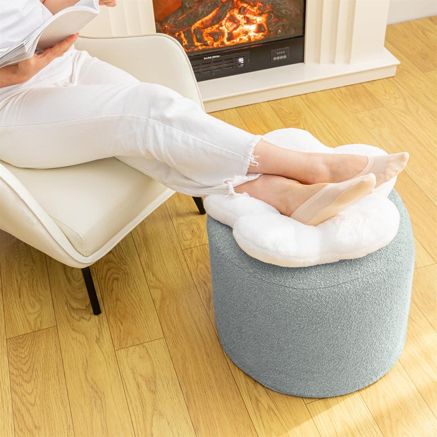81qFaN0aeLL._AC_SL1500_.jpg Flower Pouf Ottoman 18x15 Inches Charm Floor Pouf for Home Decor Full Foam Filling Ottoman Foot Rest for Couch Living Room Bedroom Kids Room Light Grey and White - Image 1