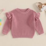 Geagodelia Toddler Baby Girl Warm Sweater Ruffled Long Sleeve Crew Neck Knitted Sweatshirt Pullovers Solid Color Knit Jumpers Tops Chunky Knitwear Fall Winter Clothes Outfits - Image 2