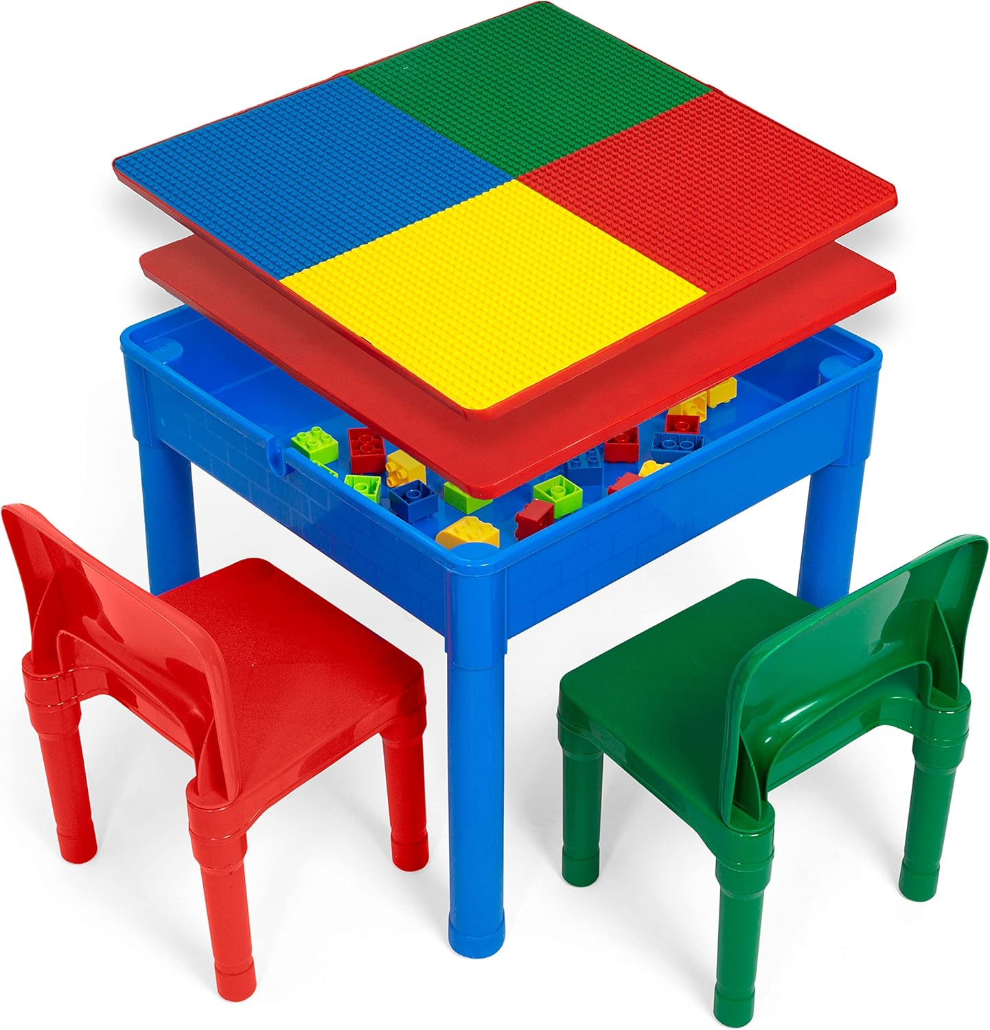 81r4hRF6hL._AC_SL1500_.jpg Play Platoon 5 in 1 Kids Activity Table and Chair Set for Toddlers, Building Block, Craft & Sensory Tables for Toddlers with 2 Chairs & 25 XL Blocks - Yellow Red Green - Image 1