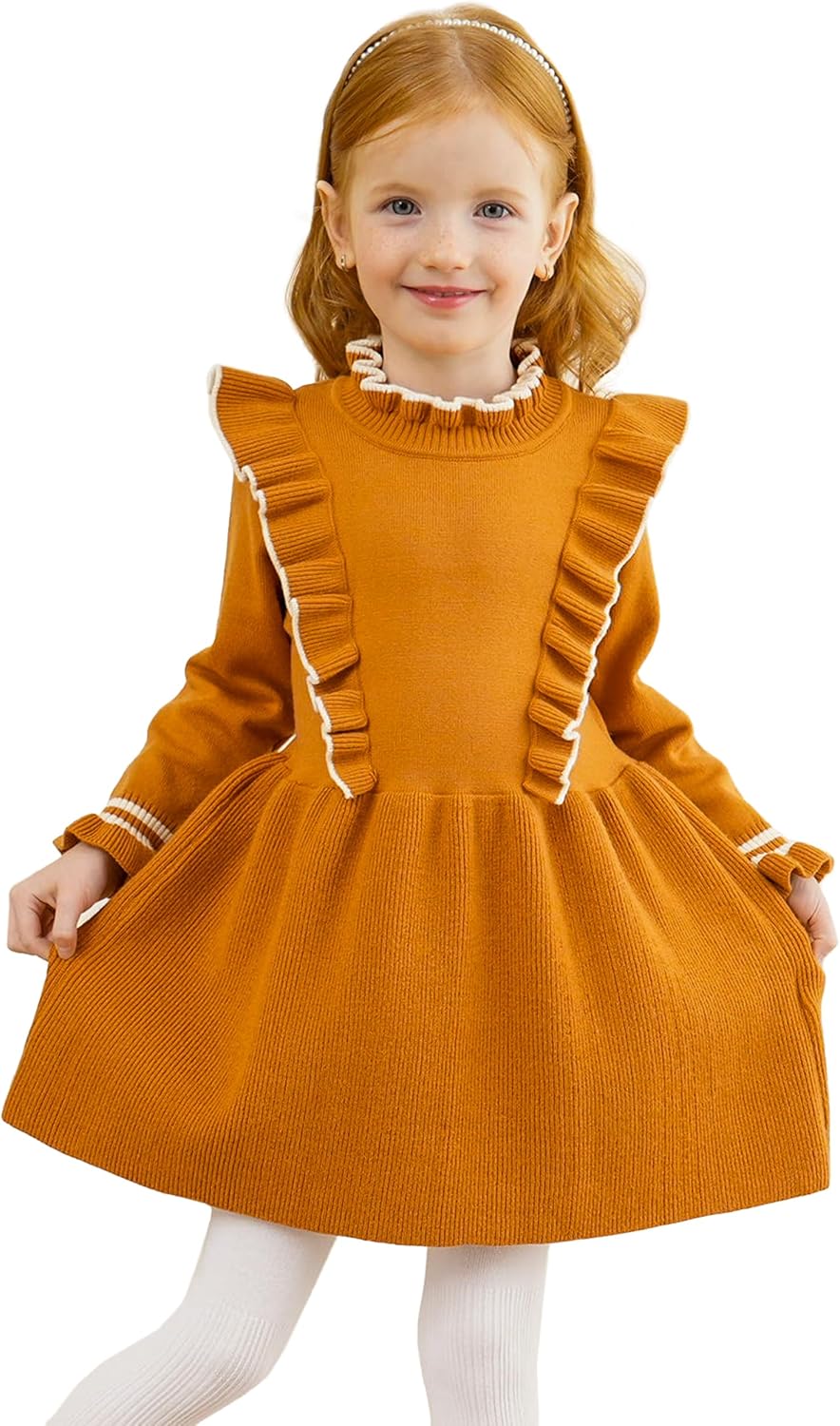 81rcechblLL._AC_SL1500_.jpg Miipat Baby Girl Dress Long Sleeve Toddler Girls Sweater Dresses Fall Winter Ruffle Pullover Knit Outfits for Girl - Image 1