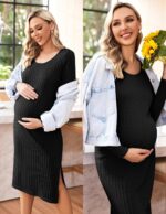 Ekouaer Maternity Dress Rib Knit Long Sleeve Side Slit Bodycon Dresses Pregnancy Baby Clothes, S-XXL - Image 4