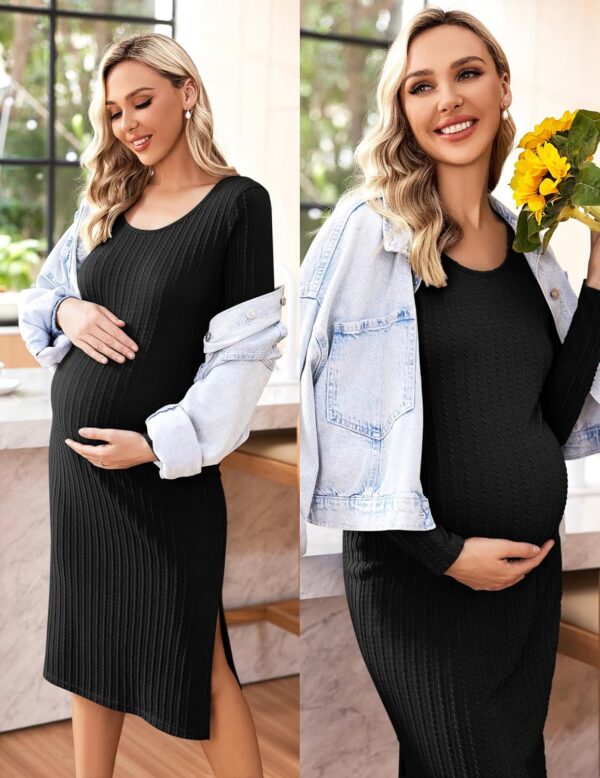 Ekouaer Maternity Dress Rib Knit Long Sleeve Side Slit Bodycon Dresses Pregnancy Baby Clothes, S-XXL - Image 4