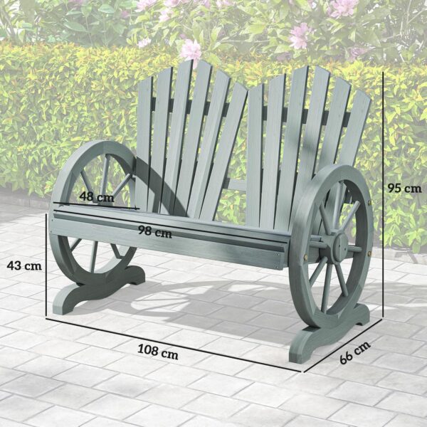 Outsunny 2 Seater Garden Bench, Comfortable Fir Wood Love Chair with Wagon Wheel-Shaped Armrests, Outdoor Adirondack Wooden Loveseats, Grey - Image 3