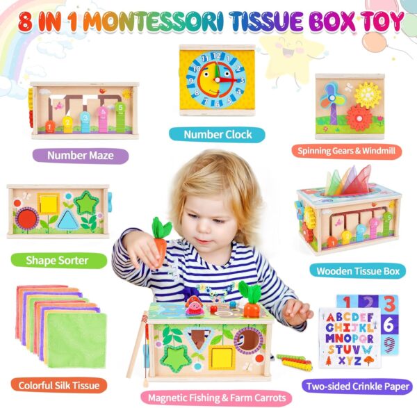 FCSONU Toddlers Montessori Toys for 3 Year Old Boys Girls, Wooden Baby Tissue Box Toys for Ages 3-4 Kids, Activity Cube|Sensory Toys for Toddlers 3, Christmas Birthday Gifts for 36+ Months - Image 2