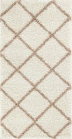 THE RUGS Shaggy Rug – Modern Moroccan Design Rugs for Living Room, Bedroom, Hallway, 3 cm Thick Area Rugs, (Diamond Ivory/Beige, 60x110cm) - Image 7