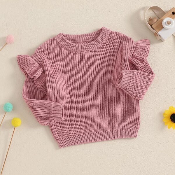 Geagodelia Toddler Baby Girl Warm Sweater Ruffled Long Sleeve Crew Neck Knitted Sweatshirt Pullovers Solid Color Knit Jumpers Tops Chunky Knitwear Fall Winter Clothes Outfits - Image 4