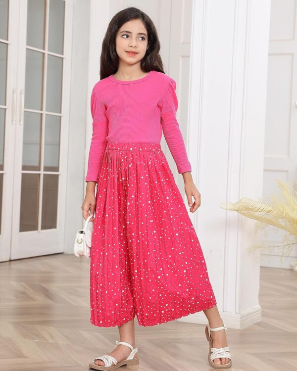 Freshhoodies Girls Clothes Kids Long Sleeves Round Neck Tops + Pleated Pants Outfits Set, 3-7 Years - Image 4