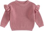 Geagodelia Toddler Baby Girl Warm Sweater Ruffled Long Sleeve Crew Neck Knitted Sweatshirt Pullovers Solid Color Knit Jumpers Tops Chunky Knitwear Fall Winter Clothes Outfits