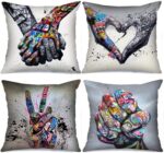 Tucocoo Graffiti Cushion Covers Decorative 18 x 18 Inch 4 Pack Banksy Street Art Pillow Covers Fist Inspirational Finger Throw Pillow Hands Pillow Cases for Couch Sofa Living Room