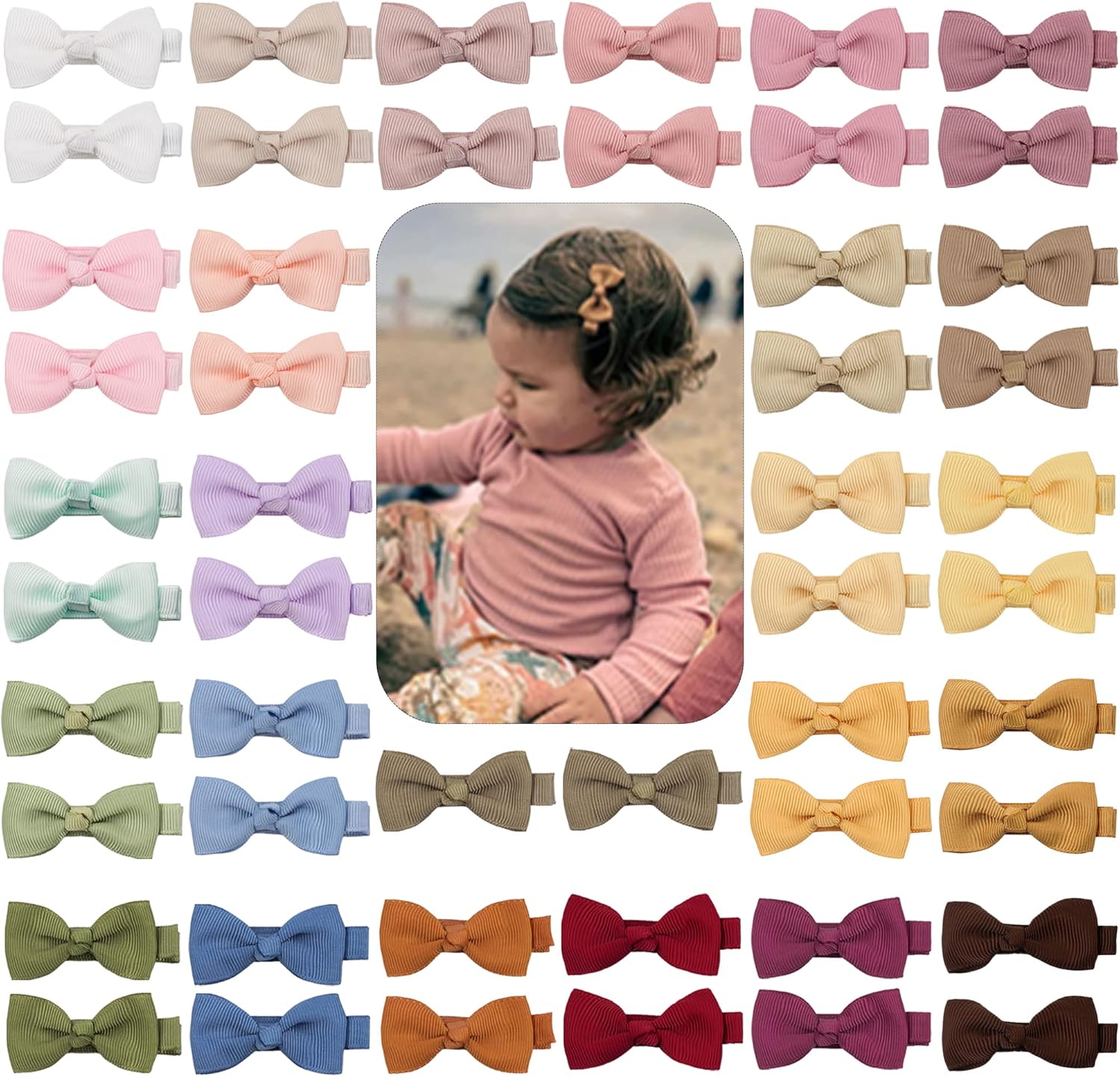 81xTRcJrQUL._AC_SL1500_.jpg JOYOYO 50 Pcs Baby Hair Clips Baby Bows and Clips Craft Bows Ribbon Bows Small Size 2 Inch Hair Bow Clips for Baby Fine Hair, Full Ribbon Covered - Image 1